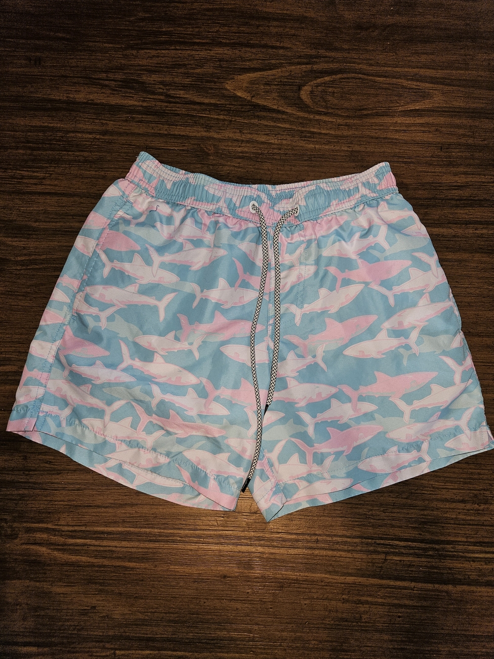 Men's Shark-Print Swim Trunks in Pink & Light Blue